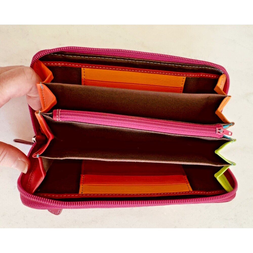 Soft Italian Leather Verde Pelle Large Zippered Wallet Clutch Burgundy Multi - Picture 6 of 12